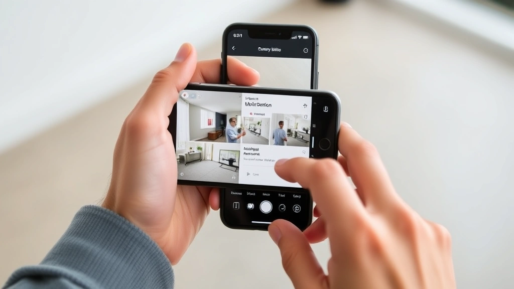 Hands holding smartphone displaying security camera mobile app interface with live video feed, multiple camera tiles visible, user interacting with motion detection settings, minimalist app design