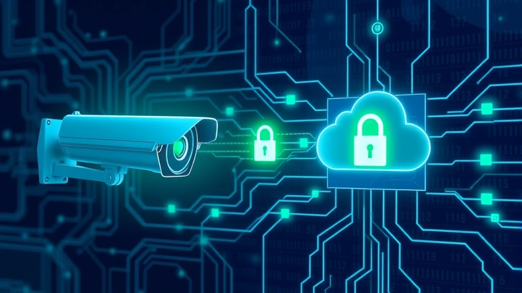 Network security visualization showing encrypted data transmission between security camera and cloud server, digital padlock symbols, flowing data connections, cybersecurity concept illustration in blue and green tones