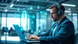 Professional cybersecurity expert examining wireless security protocols on a laptop with holographic network visualization, representing IoT device encryption and authentication systems, modern office environment with blue-green color scheme