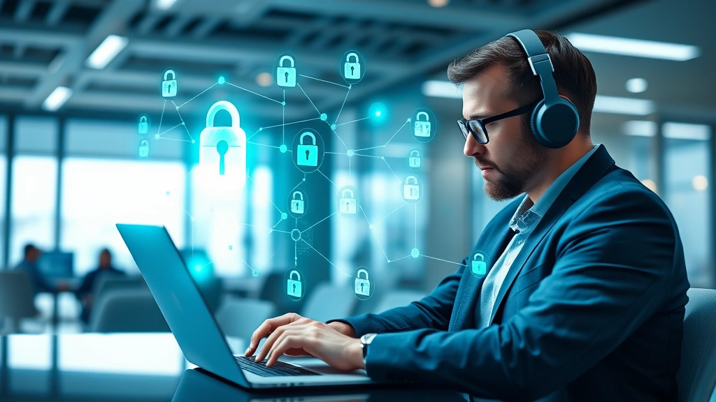 Professional cybersecurity expert examining wireless security protocols on a laptop with holographic network visualization, representing IoT device encryption and authentication systems, modern office environment with blue-green color scheme