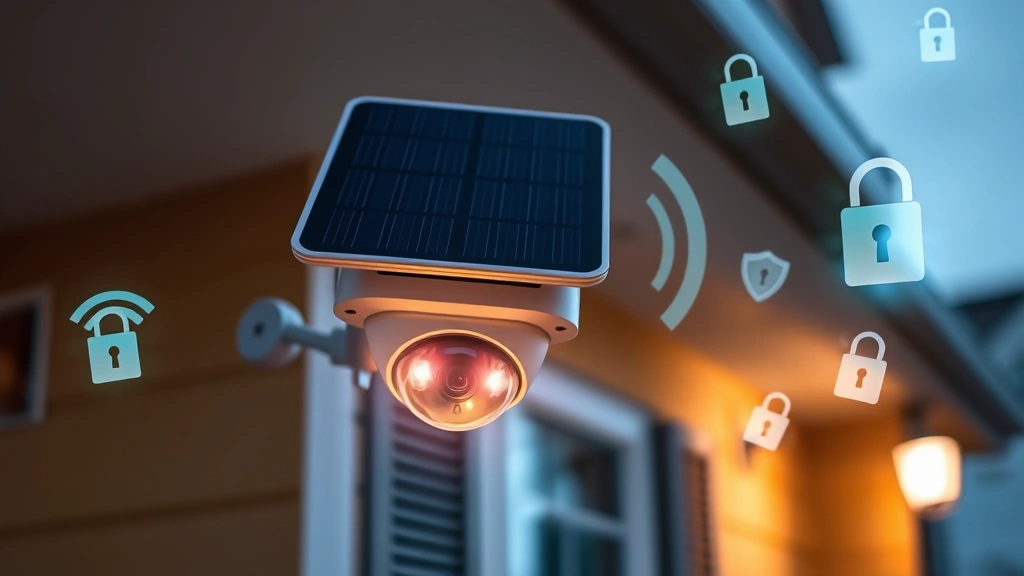 Close-up of a solar security camera mounted on residential home exterior wall with WiFi signal indicators glowing, surrounded by digital lock symbols and shield icons floating in air, demonstrating wireless security layers