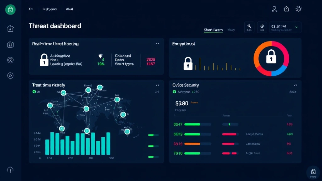 Cybersecurity dashboard displaying real-time threat monitoring with network nodes, encryption locks, and security status indicators, representing comprehensive smart home security infrastructure and device protection