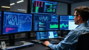 Professional cybersecurity analyst monitoring multiple digital displays showing network traffic patterns, threat dashboards, and security metrics in a modern SOC environment with blue and green data visualizations