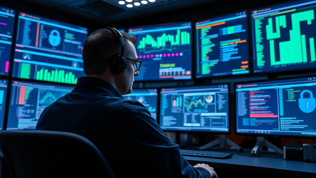 Cybersecurity analyst monitoring multiple digital screens displaying network traffic data and security alerts in a modern operations center with blue and green holographic displays