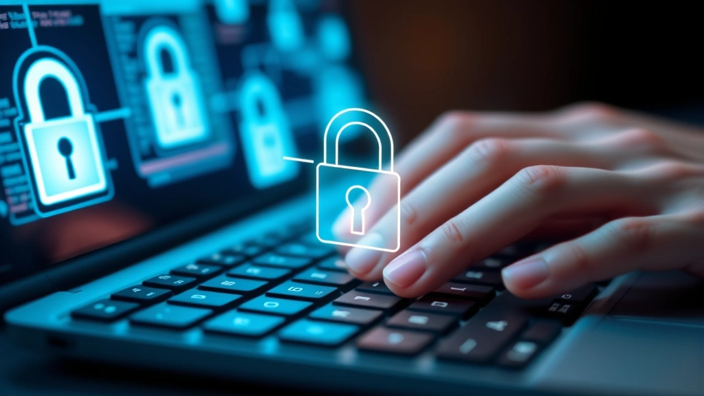Close-up of hands typing on a keyboard with glowing digital lock symbols and encryption padlocks appearing above the keys, representing data protection and secure access