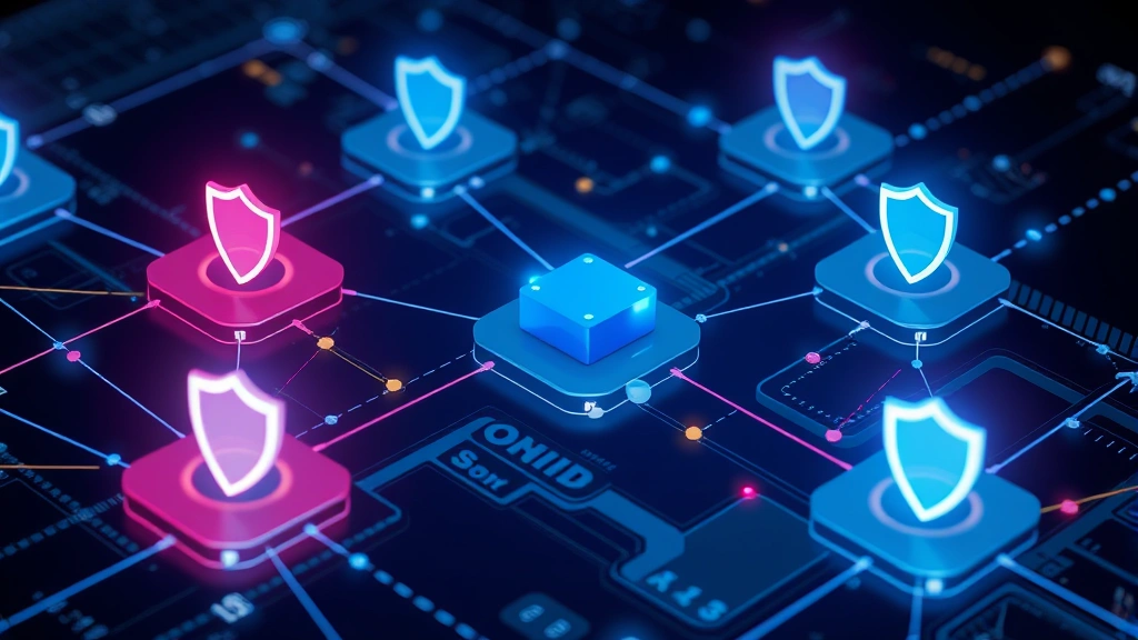 Network infrastructure visualization showing interconnected nodes and data flows with shield icons and security barriers protecting sensitive information nodes from external threats