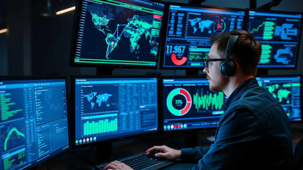 Professional cybersecurity analyst monitoring multiple digital screens displaying network traffic patterns, data protection metrics, and security dashboards with blue and green visualizations in modern SOC environment