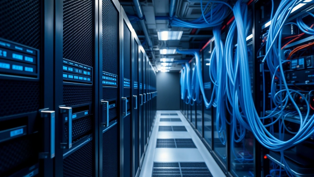 Close-up of secure data center with locked server cabinets, fiber optic cables, and sophisticated network infrastructure representing enterprise-grade data protection and secure information storage systems