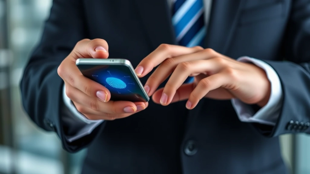Business professional using biometric authentication on smartphone with fingerprint scanner visible, representing multi-factor authentication and modern identity verification security protocols