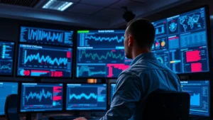 Cybersecurity professional monitoring multiple screens displaying network traffic analysis, threat detection dashboards, and security alerts in a modern operations center with blue and red data visualizations