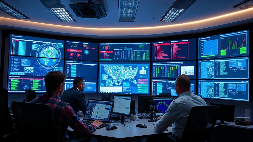 Team of security analysts in a modern command center reviewing incident response procedures on large displays, with network topology diagrams and real-time threat monitoring systems visible