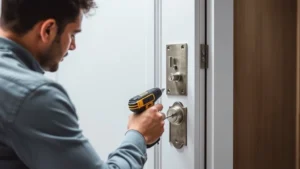 Professional security expert installing heavy-duty strike plate on apartment door, using drill and hardware, focused technical work, modern residential setting