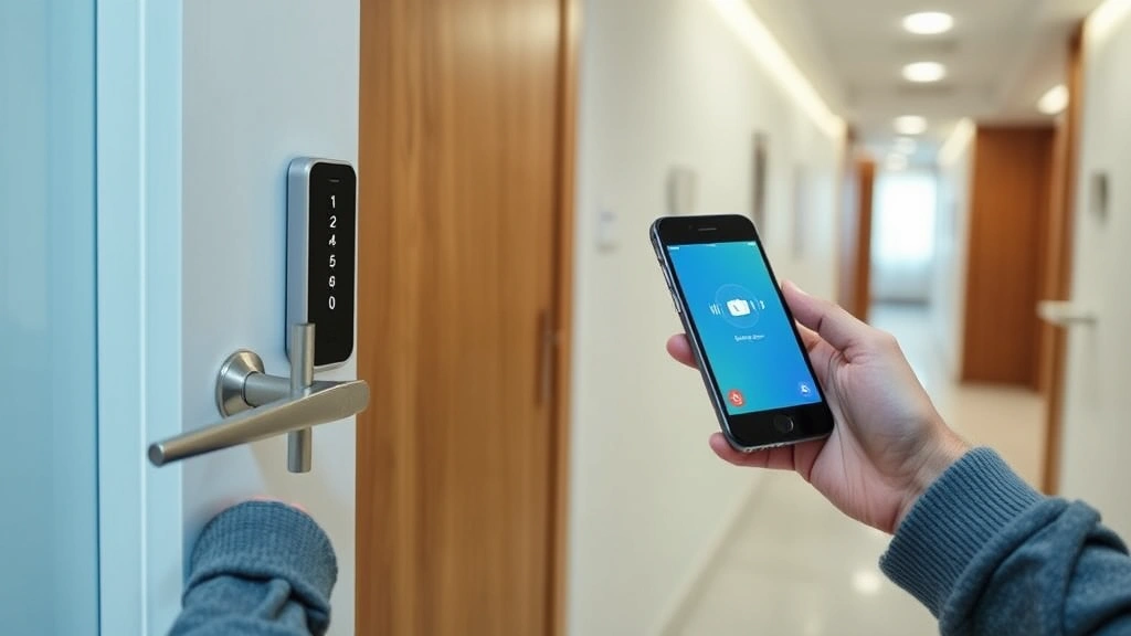Person using smartphone to control smart lock on apartment door, modern technology interface, secure building hallway background, contemporary access control