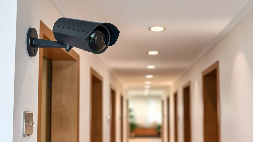Building security camera mounted in apartment hallway corner, monitoring common area, professional surveillance equipment, modern residential corridor