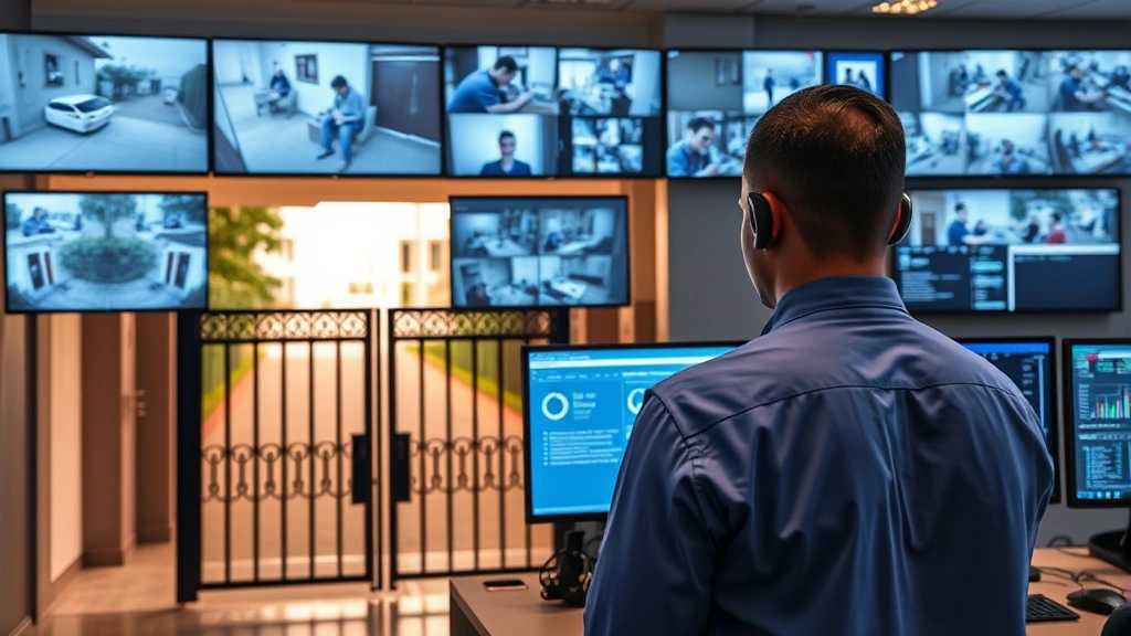 Professional security officer monitoring apartment complex entrance gate with multiple surveillance screens displaying live video feeds from different camera angles, modern control room with cybersecurity dashboard, cybersecurity professional reviewing access logs on monitors