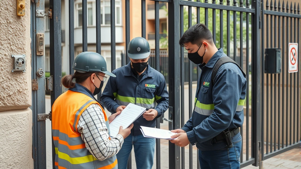Security audit team documenting apartment gate physical infrastructure, measuring gate hinges and locks, checking weatherproofing and corrosion damage, inspector reviewing maintenance records and access control system components