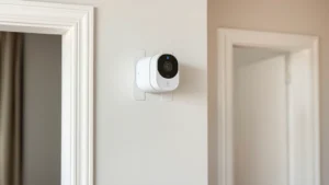 Compact wireless security camera mounted on apartment wall using adhesive strips, modern minimalist design, mounted near door frame, photorealistic product photography, neutral background, no text or labels visible