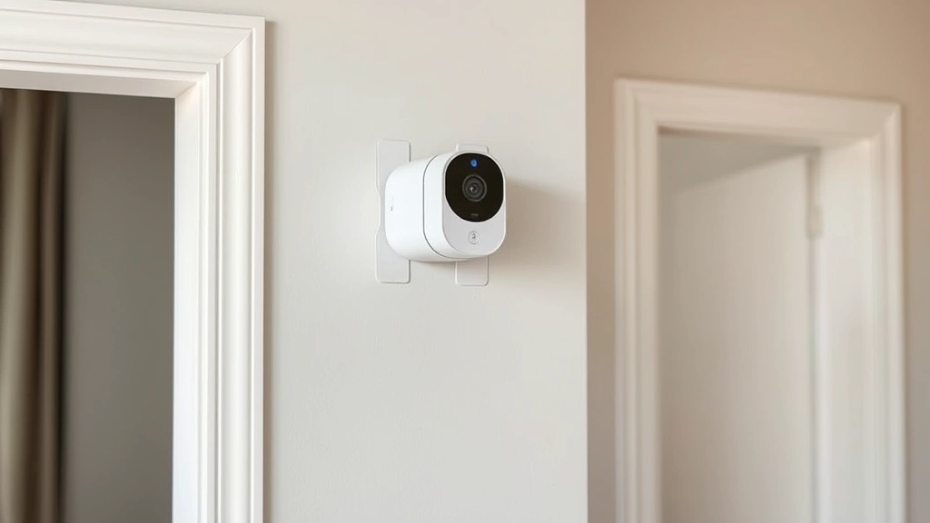 Compact wireless security camera mounted on apartment wall using adhesive strips, modern minimalist design, mounted near door frame, photorealistic product photography, neutral background, no text or labels visible