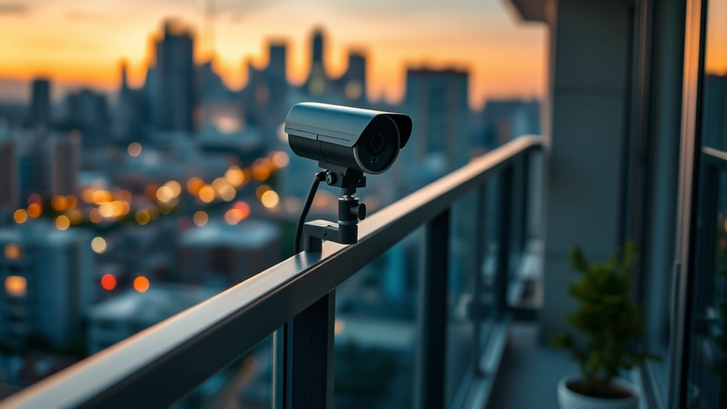 Professional apartment balcony area at dusk with discreet outdoor camera mounted on railing using weatherproof bracket, city skyline blurred background, security-focused composition, photorealistic lighting, no visible text or technical specifications