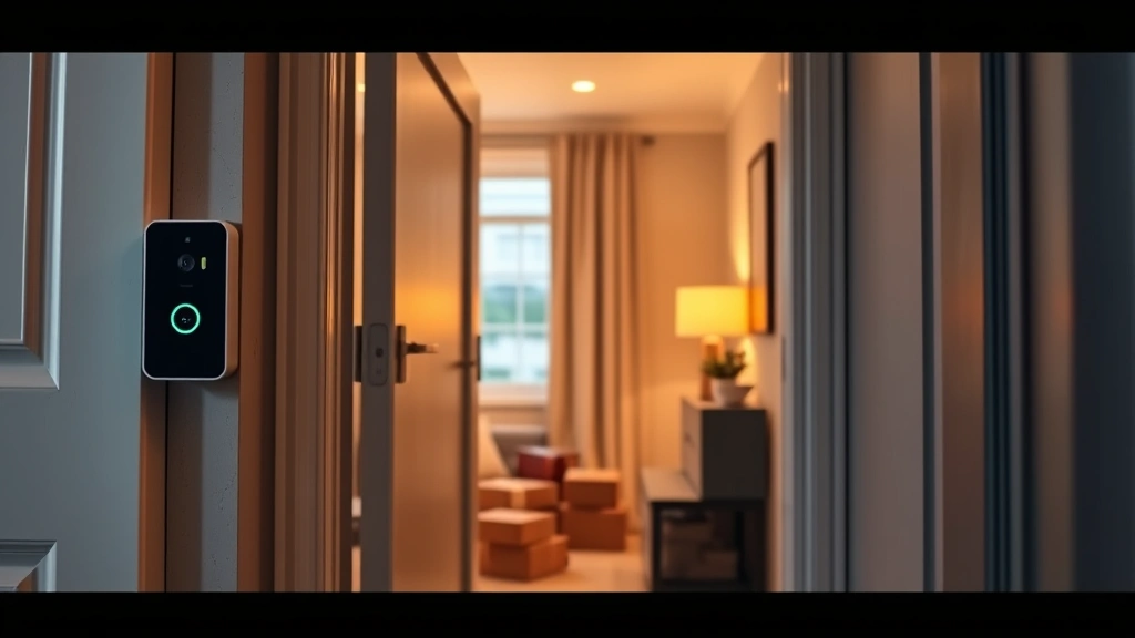 Apartment entryway with video doorbell camera installed beside entrance door, modern smart home aesthetic, warm interior lighting, packages visible on doorstep, photorealistic scene, no text or alerts displayed