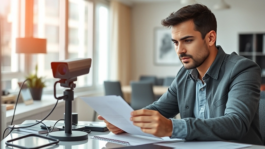 Professional tenant reviewing apartment lease document at desk with security camera equipment nearby, focused expression, natural office lighting, modern apartment setting in background