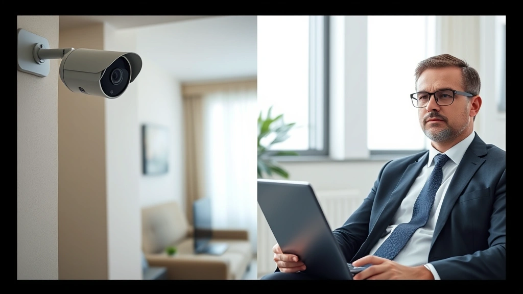 Split-screen concept: left side shows security camera mounted in apartment corner, right side shows lawyer in consultation room, neutral professional setting, cybersecurity compliance theme