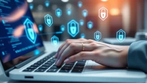 Close-up of hands typing on laptop keyboard with soft blue cybersecurity-themed lighting and digital security icons floating around, photorealistic, no text, modern office environment