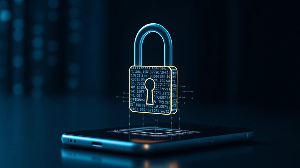 Padlock hologram projection emerging from smartphone screen, representing data encryption and digital security, photorealistic, dark background with blue light accents, no visible text or code