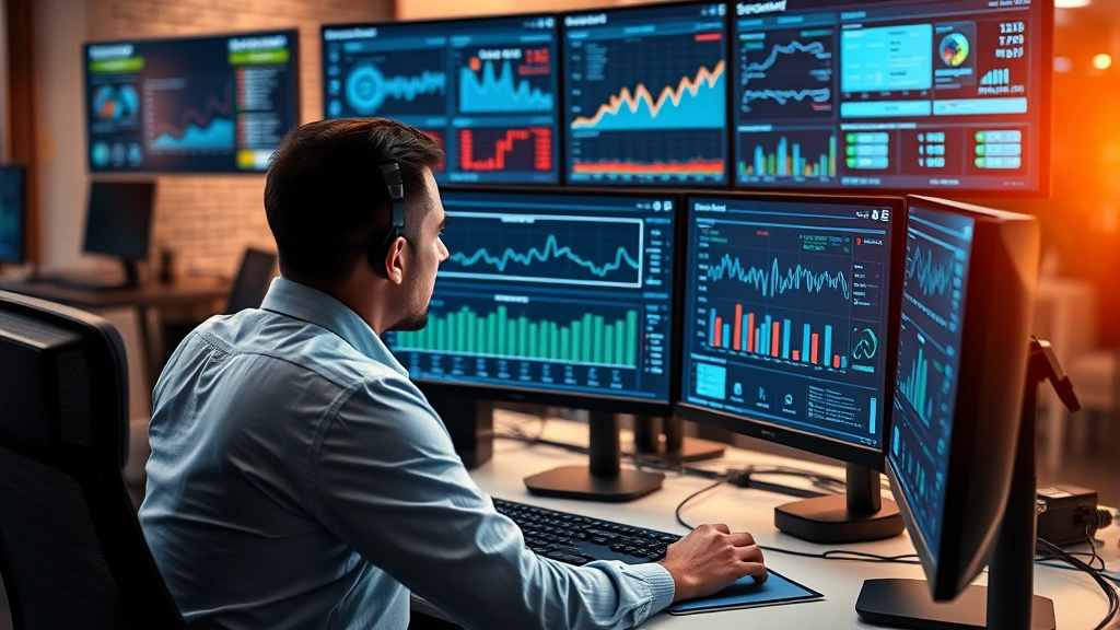Person at computer desk reviewing security dashboard with multiple monitors showing graphs and analytics, professional cybersecurity monitoring center aesthetic, warm office lighting, no terminal windows or readable text
