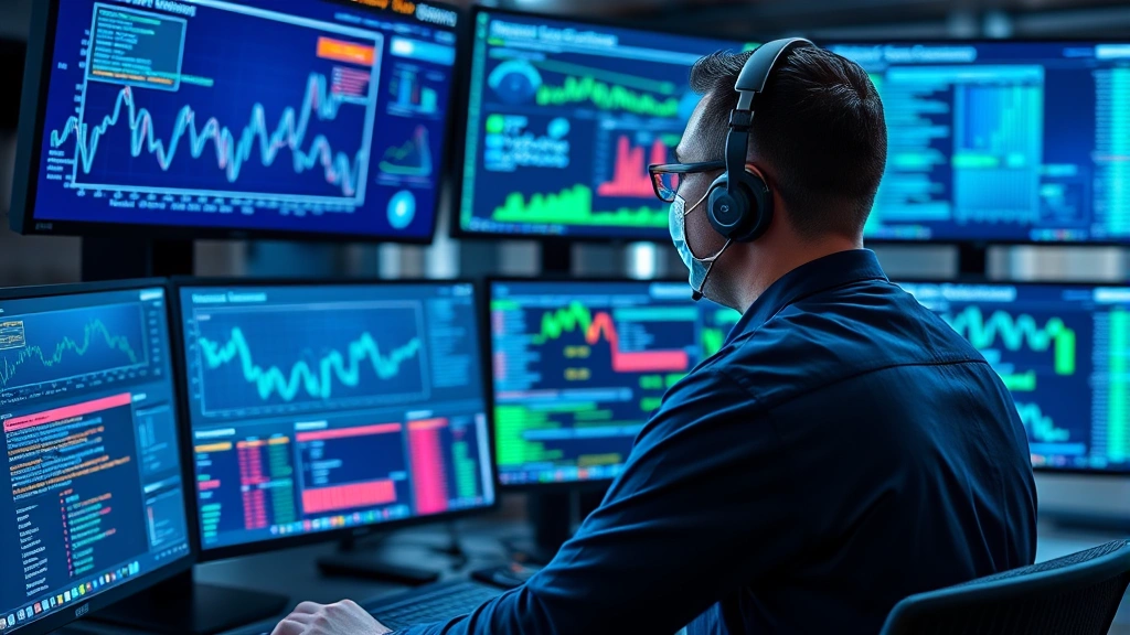 Photorealistic image of a professional cybersecurity analyst monitoring multiple digital screens displaying network traffic patterns and security alerts in a modern command center environment with blue and green data visualizations