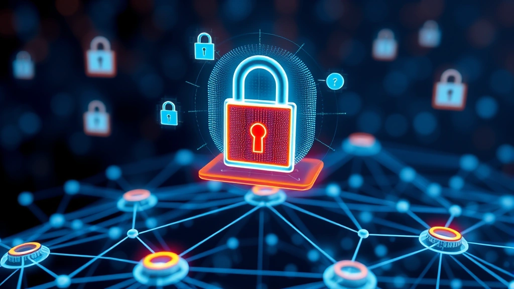 Photorealistic image showing digital padlock symbols and shield icons floating above interconnected network nodes, representing layered security protection and encrypted data transmission across cloud infrastructure