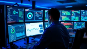 Cybersecurity professional monitoring network traffic on multiple screens showing real-time security analytics dashboards with encryption symbols and threat detection alerts in a modern operations center with blue lighting