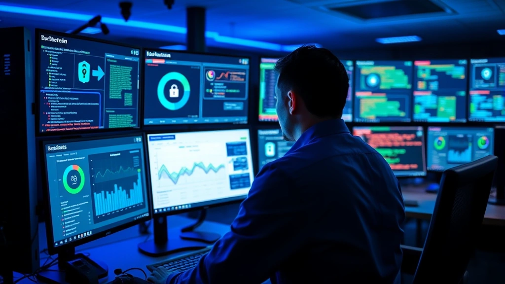 Cybersecurity professional monitoring network traffic on multiple screens showing real-time security analytics dashboards with encryption symbols and threat detection alerts in a modern operations center with blue lighting