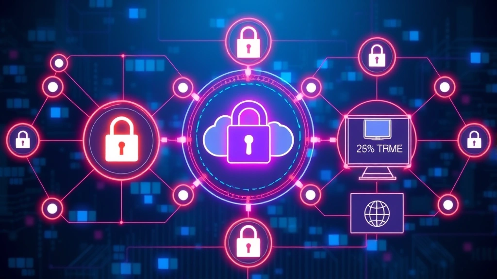 Digital lock and shield symbols surrounding interconnected data nodes representing zero trust architecture with encryption flows between cloud and on-premises systems in an abstract cybersecurity visualization