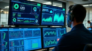 Cybersecurity professional monitoring API traffic on multiple digital displays showing real-time threat detection dashboards and network activity graphs, modern office setting with blue and green data visualizations