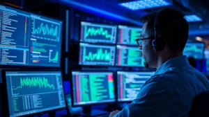 Cybersecurity analyst reviewing API security metrics on multiple monitors in a modern SOC environment, digital data streams flowing across screens, professional workspace with cybersecurity equipment, no text or code visible, blue and green accent lighting