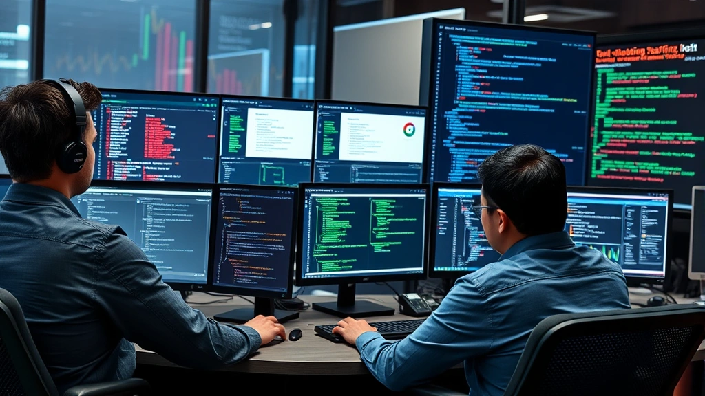 Security team conducting API penetration testing with tools and dashboards visible on monitors, professionals in office environment analyzing threat data, collaborative cybersecurity workspace, professional atmosphere with cybersecurity focus, no code or specific security alerts shown