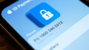 Close-up of secure smartphone screen showing Apple ID payment settings interface with blurred card numbers and security lock icon, modern minimalist design