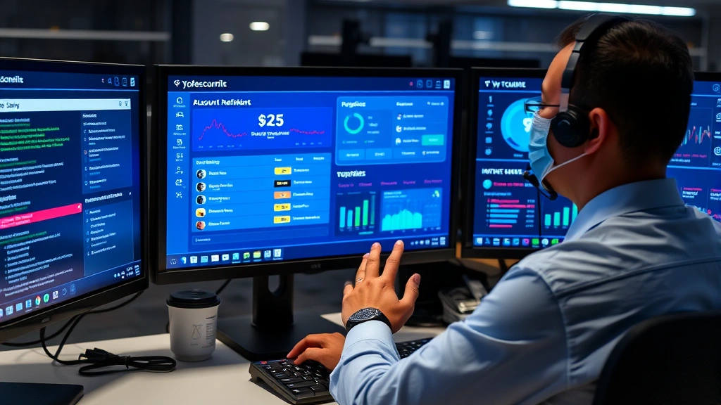 Cybersecurity professional reviewing account security dashboard on multiple monitors with payment verification alerts and authentication protocols displayed