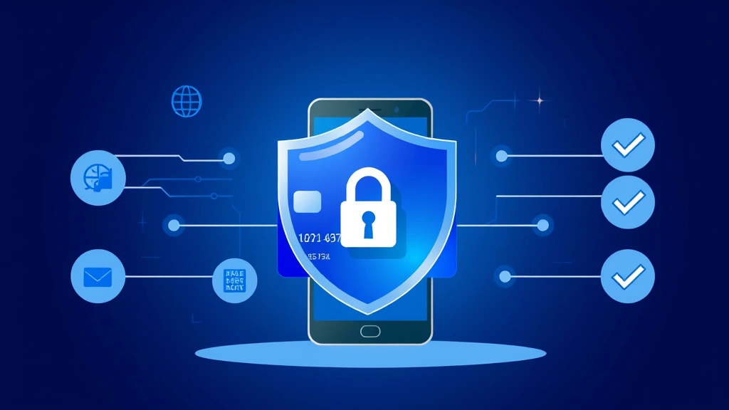 Digital illustration of shield protecting credit card and mobile device with encryption padlock symbols and security verification checkmarks on dark blue background