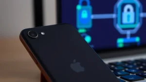Close-up of Apple iPhone and MacBook Pro displaying security lock icons and encryption symbols, modern minimalist tech workspace with blue and green security indicators glowing softly