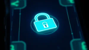 Close-up of a secure padlock icon glowing on a smartphone screen, representing encrypted secure shopping transactions, dark blue and green security theme, photorealistic modern technology aesthetic