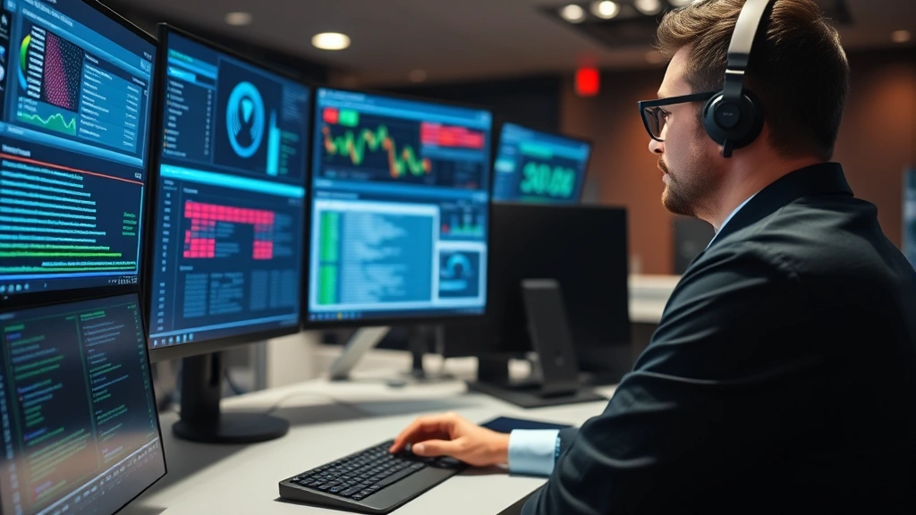 Professional cybersecurity analyst reviewing threat detection dashboard on multiple monitors, showing real-time network monitoring and malware scanning alerts in secure operations center environment