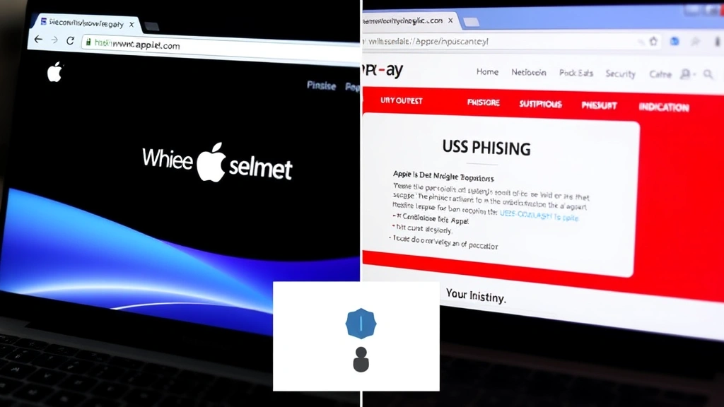 Split-screen comparison showing legitimate Apple website on left versus suspicious phishing website on right, highlighting URL bar and security indicators, professional cybersecurity visualization without text