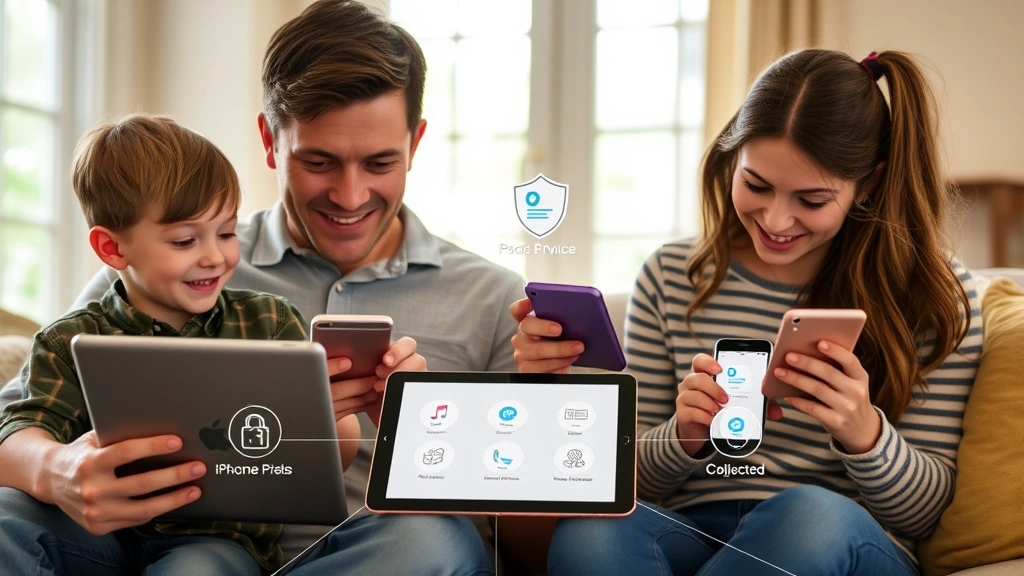 Family using multiple Apple devices together in home setting, parents and children with iPad and iPhones, visual representation of device protection and secure connectivity across ecosystem