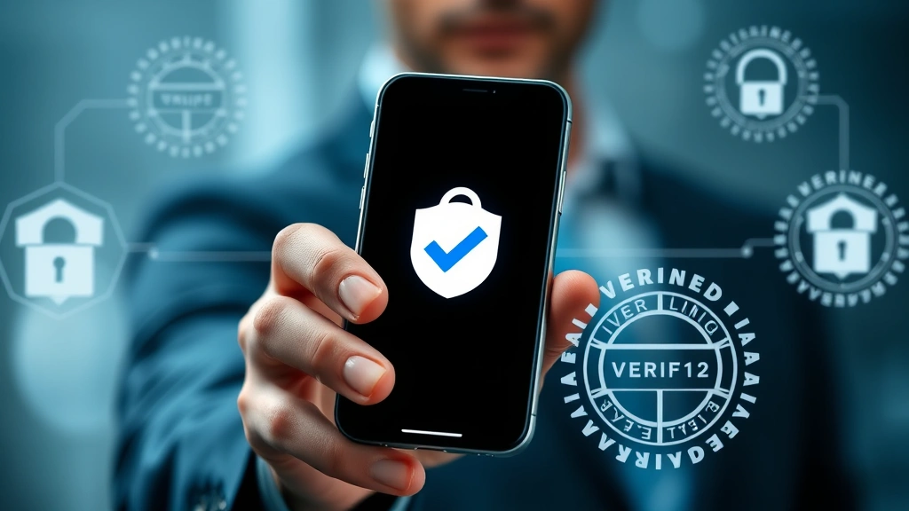 Person holding a genuine iPhone with security checkmark floating above it, surrounded by subtle digital security elements like encryption symbols and verified badges, clean professional cybersecurity imagery