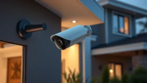 Professional outdoor security camera mounted on modern home exterior with night vision capability, showing sleek design and weather-resistant construction in photorealistic detail