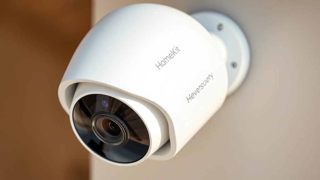 Close-up of HomeKit-compatible security camera with focus on lens and device design, mounted on residential wall, natural daylight, showing professional installation, no visible text or indicators