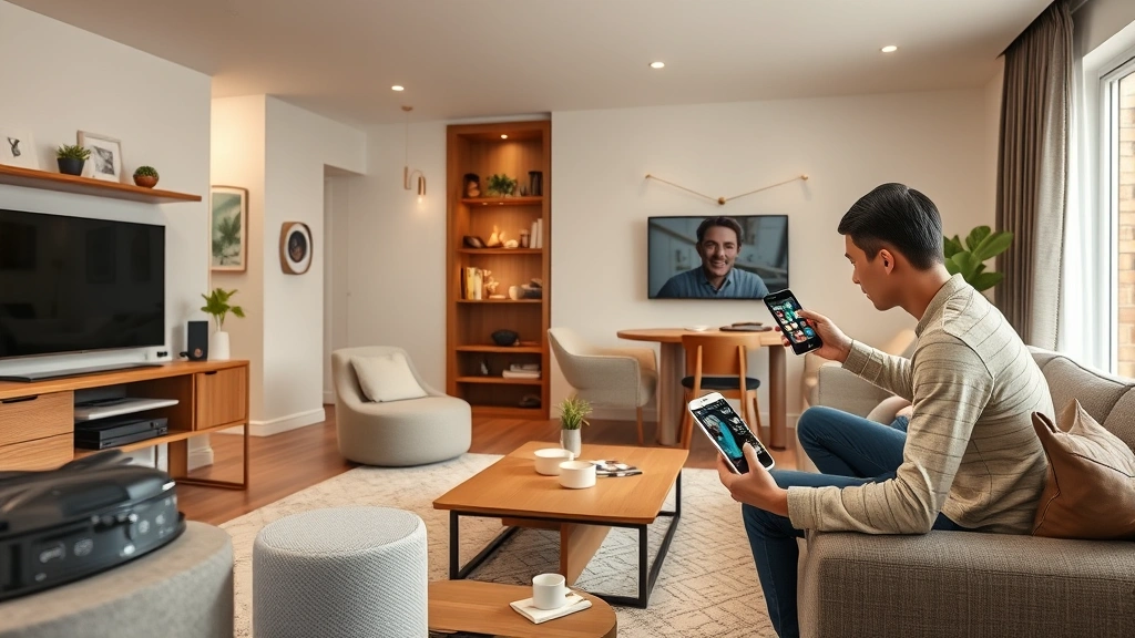 Family home interior showing multiple connected devices like HomePod and iPad serving as HomeKit hub, secure home network setup visualization, people using iPhone to access security system, modern living room