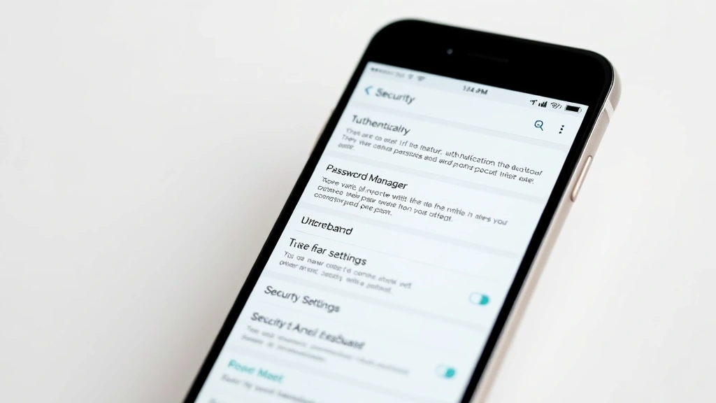 Detailed photorealistic image of a smartphone screen showing security features like two-factor authentication setup interface, password manager app, and security settings dashboard, clean minimalist design, professional lighting, no readable text or terminal windows